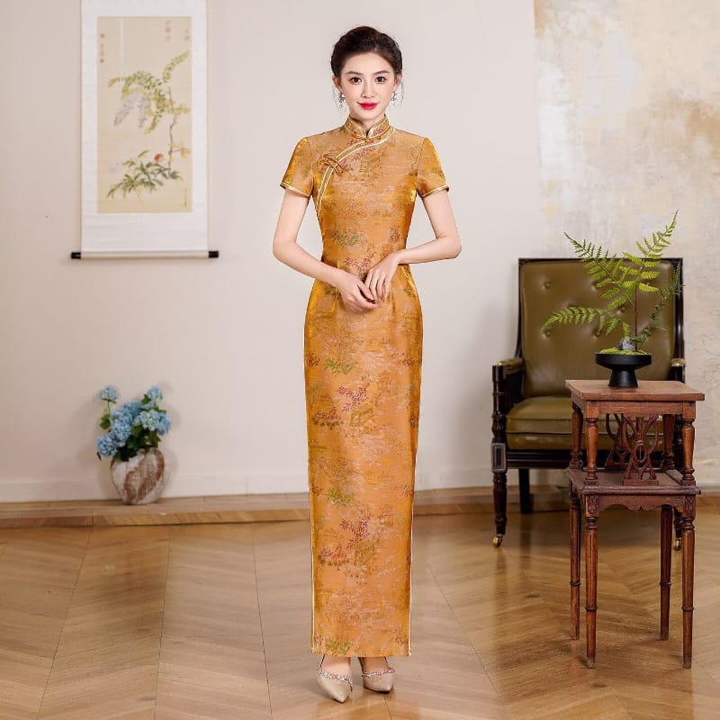 Beth and Brian Qipao-QCYJ Margaret Golden Landscape Plus Size Cheongsam With Short Sleeves