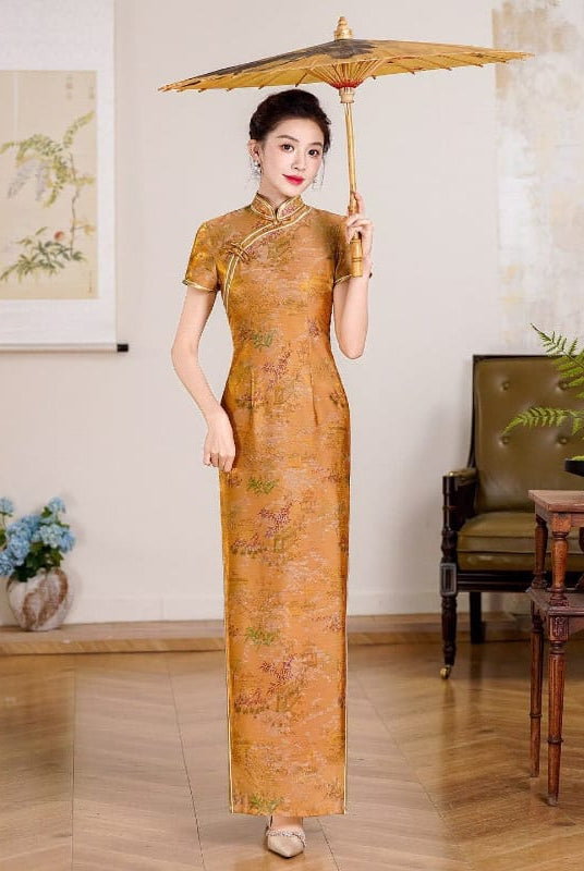 Beth and Brian Qipao-QCYJ Margaret Golden Landscape Plus Size Cheongsam With Short Sleeves