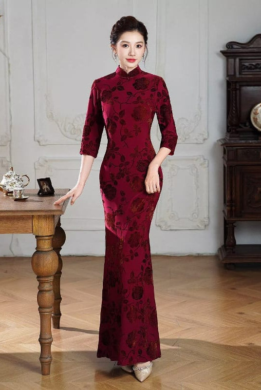 Beth and Brian Qipao-QCYJ Shirley Flocking Floral Mermaid Plus Size Cheongsam