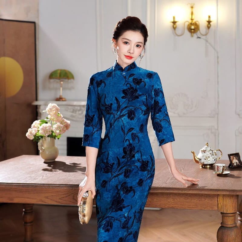Beth and Brian Qipao-QCYJ Shirley Flocking Floral Mermaid Plus Size Cheongsam