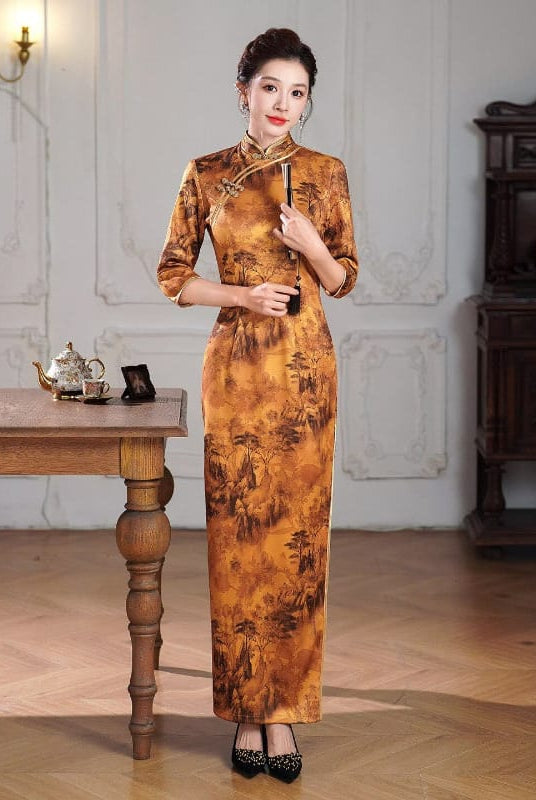 Beth and Brian Qipao-QCYJ Doris Landscape Print Long Plus Size Cheongsam