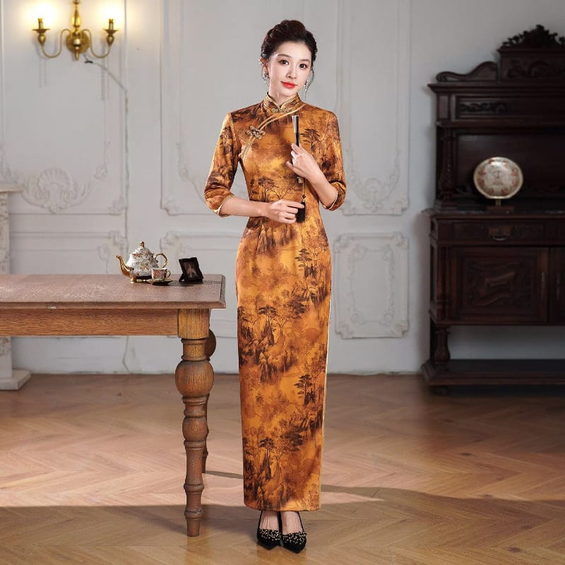 Beth and Brian Qipao-QCYJ Doris Landscape Print Long Plus Size Cheongsam