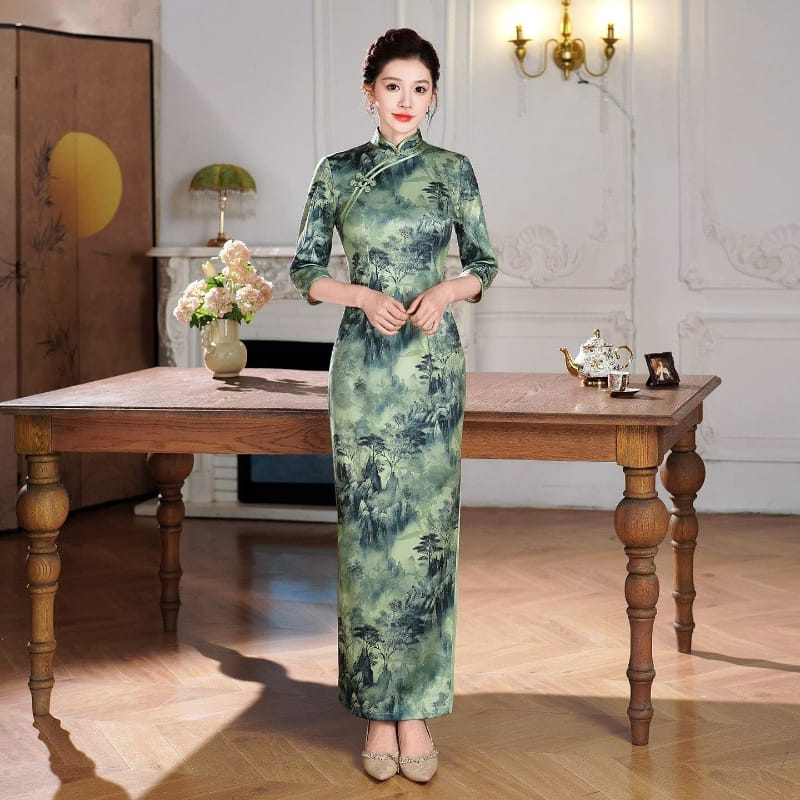 Beth and Brian Qipao-QCYJ Doris Landscape Print Long Plus Size Cheongsam