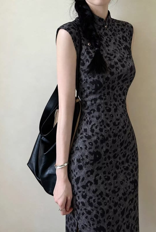 Beth and Brian Qipao-LSB Chloe Grey Leopard Suede Sleeveless Cheongsam