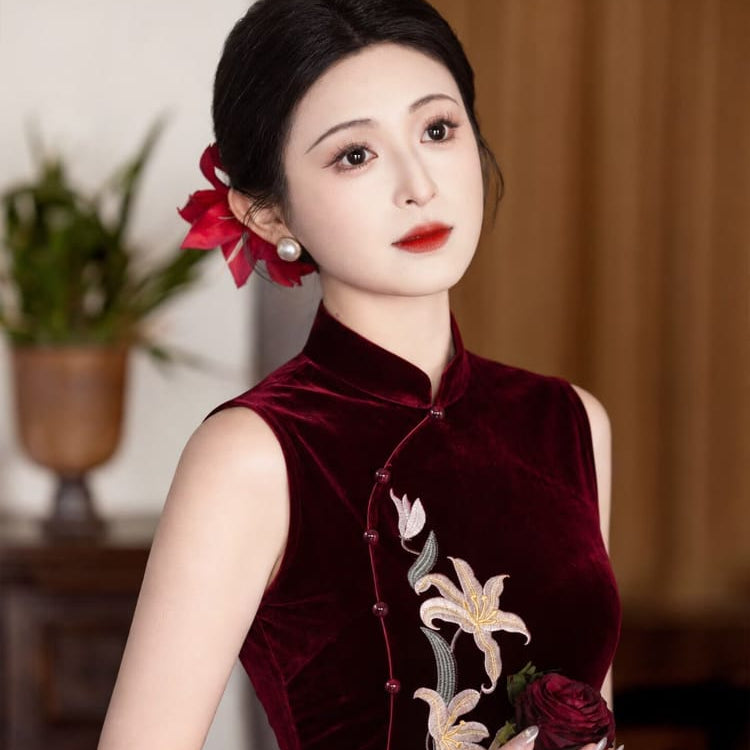 Beth and Brian Qipao-LSB Vivian Velvet Lily Embroidery Sleeveless Cheongsam