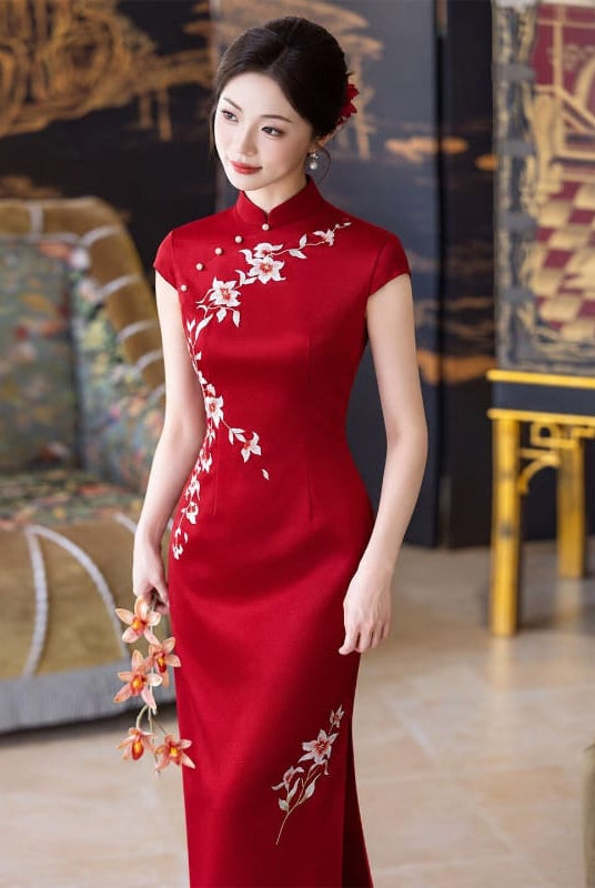 Beth and Brian Qipao-LSB Ruby Red Floral Embroidery Midi Cheongsam