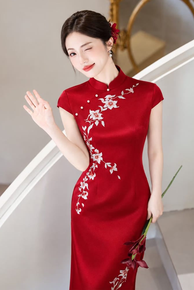 Beth and Brian Qipao-LSB Ruby Red Floral Embroidery Midi Cheongsam