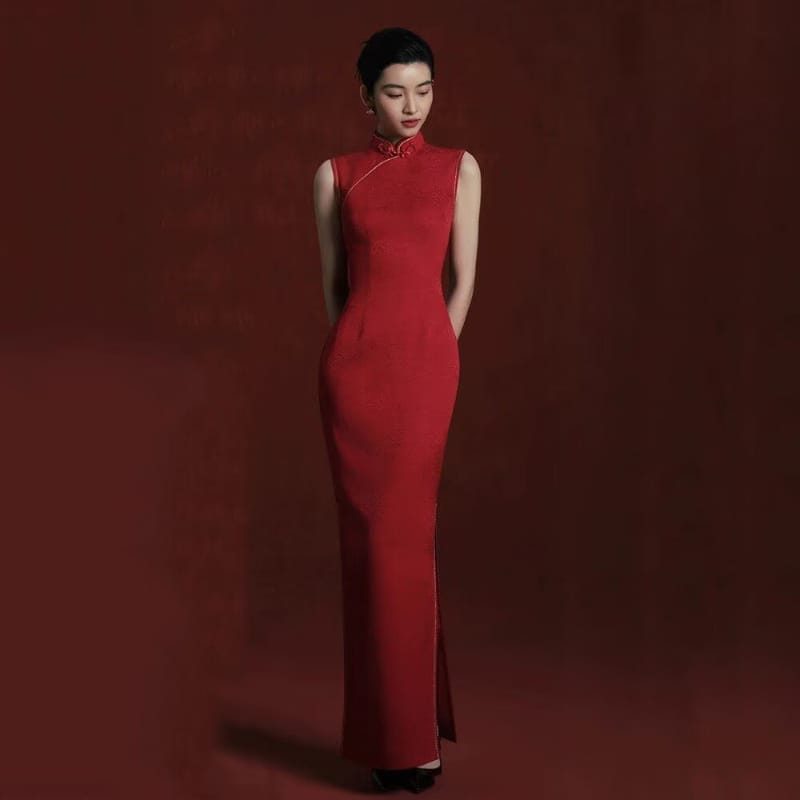 Beth and Brian Qipao-MY Jacquard Vest & Sleeveless Long Cheongsam Set – Bespoke Bridal Qipao