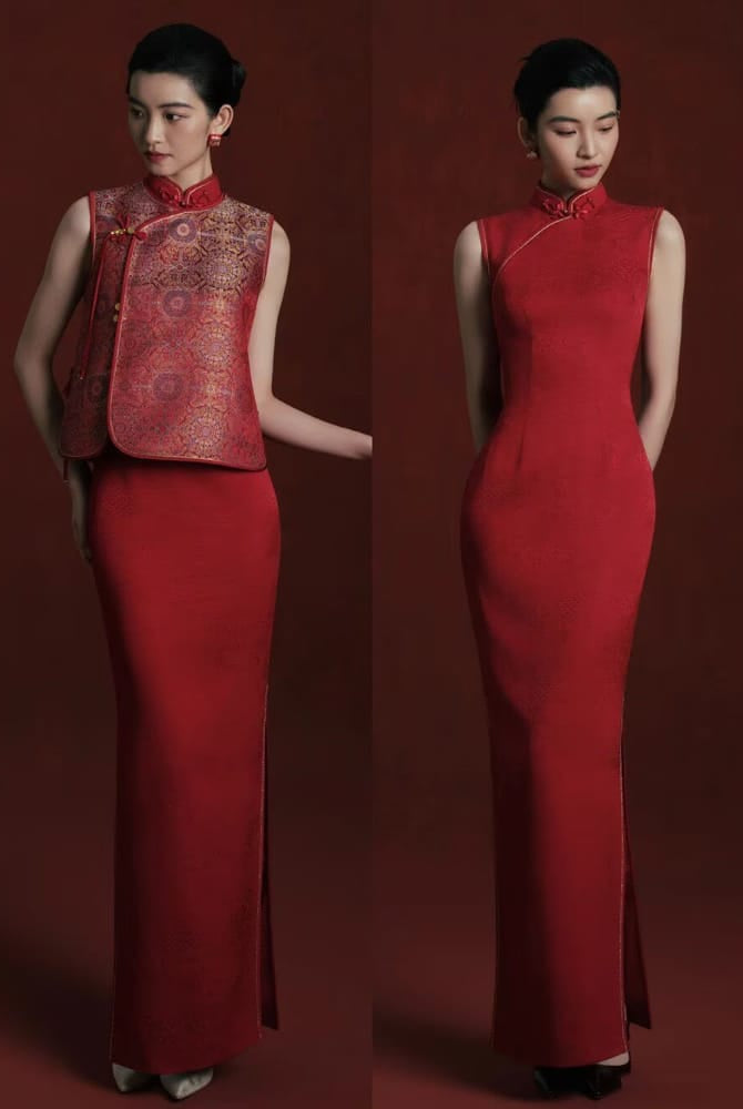 Beth and Brian Qipao-MY Jacquard Vest & Sleeveless Long Cheongsam Set – Bespoke Bridal Qipao