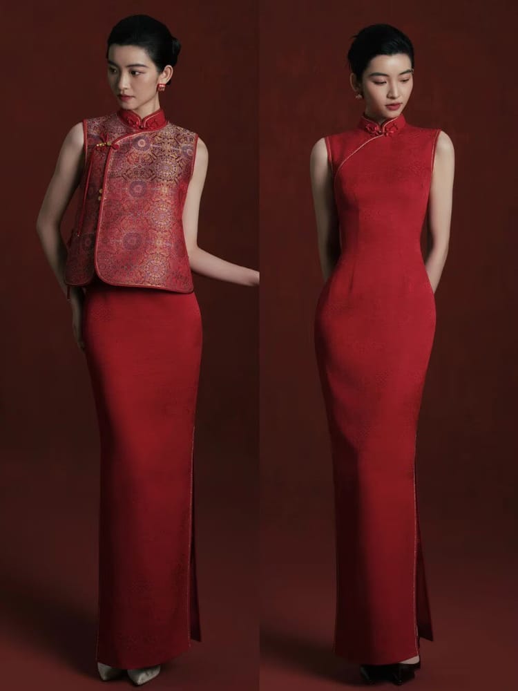 Beth and Brian Qipao-MY Jacquard Vest & Sleeveless Long Cheongsam Set – Bespoke Bridal Qipao