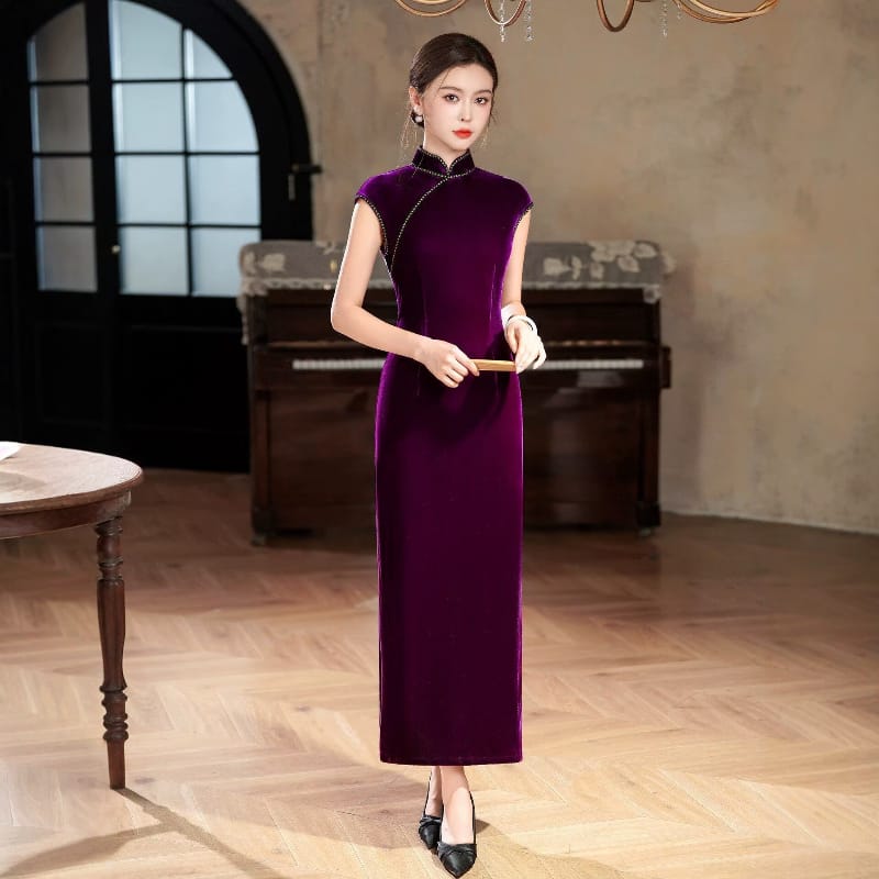 Beth and Brian Qipao-XLY Violet Purple Velvet Long Cheongsam With Raglan Sleeves