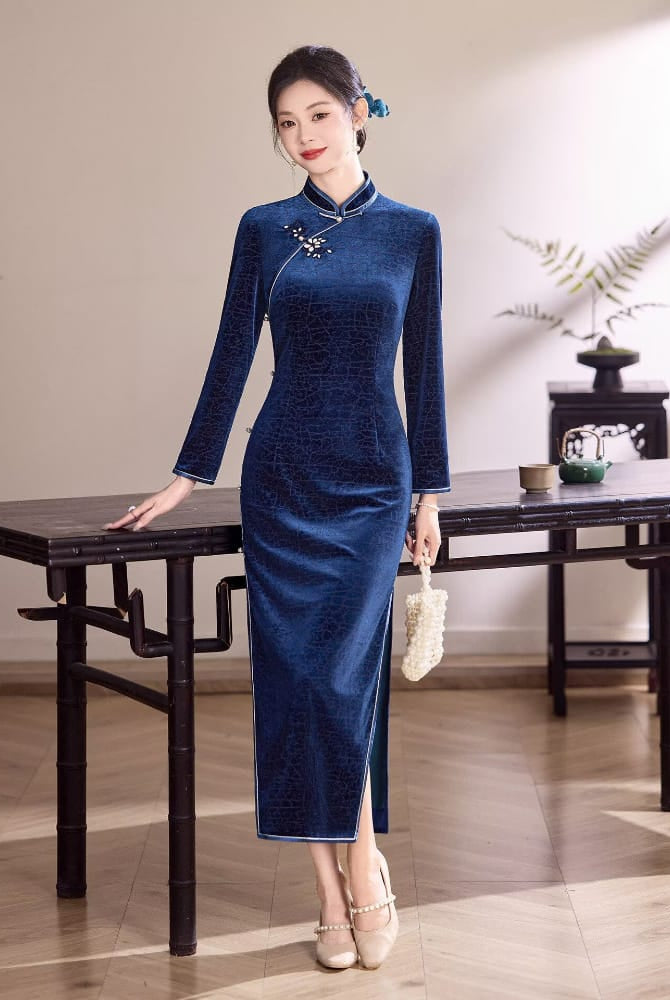 Beth and Brian Qipao-XLY Iris Navy Velvet Crackle Texture Cheongsam