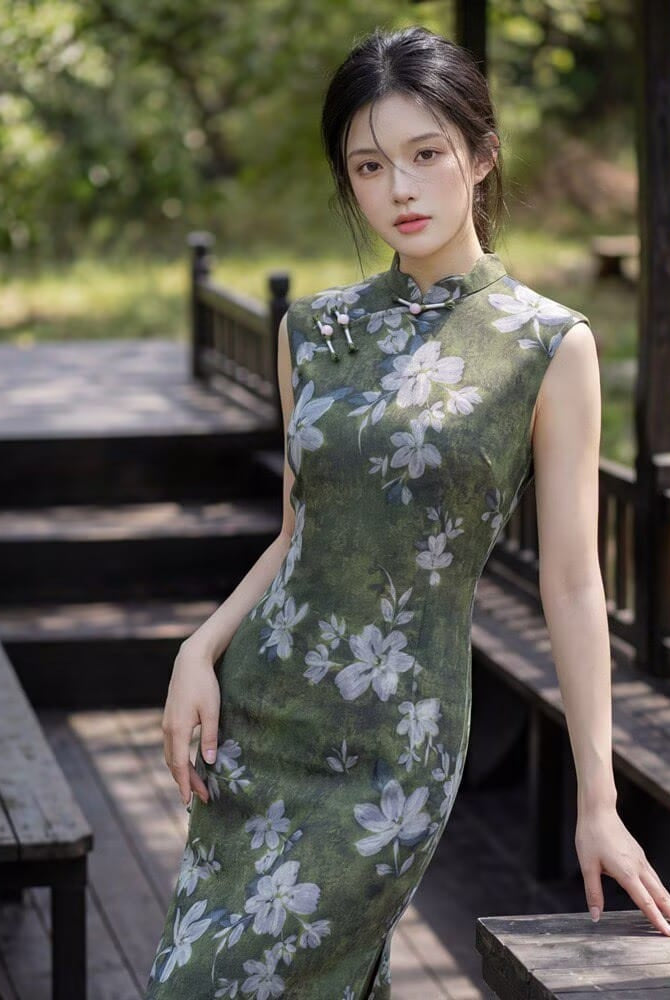 Beth and Brian Qipao-YG Chloe Green Sleeveless Floral Midi Cheongsam
