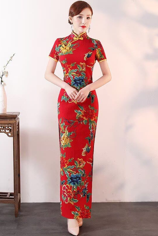 Beth and Brian Qipao-QCYJ Ruby Red Bold Floral Plus Size Cheongsam With Short Sleeves