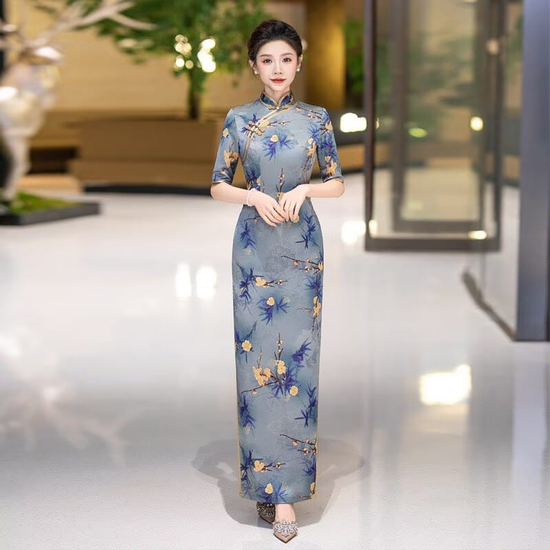 Beth and Brian Qipao-QCYJ Plum Blossom Pattern, Blue Plus Size Long Cheongsam