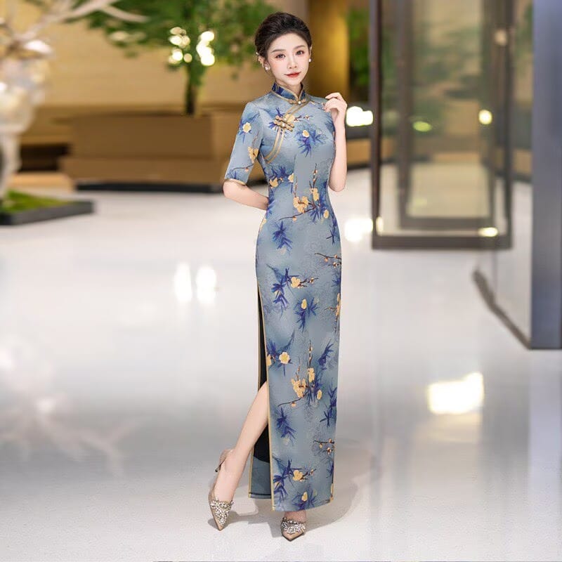 Beth and Brian Qipao-QCYJ Plum Blossom Pattern, Blue Plus Size Long Cheongsam