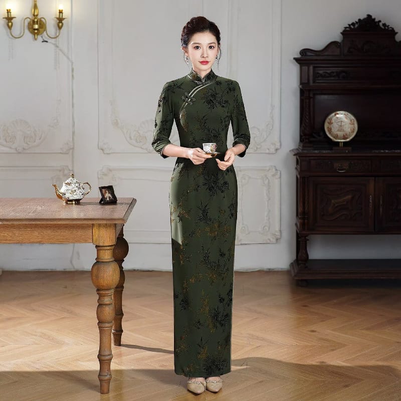 Beth and Brian Qipao-QCYJ Mabel Dark Green Flocking Floral Plus Size Cheongsam