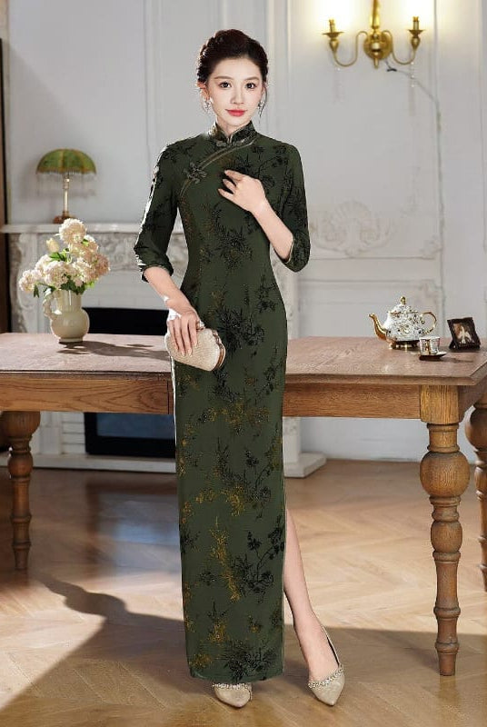 Beth and Brian Qipao-QCYJ Mabel Dark Green Flocking Floral Plus Size Cheongsam