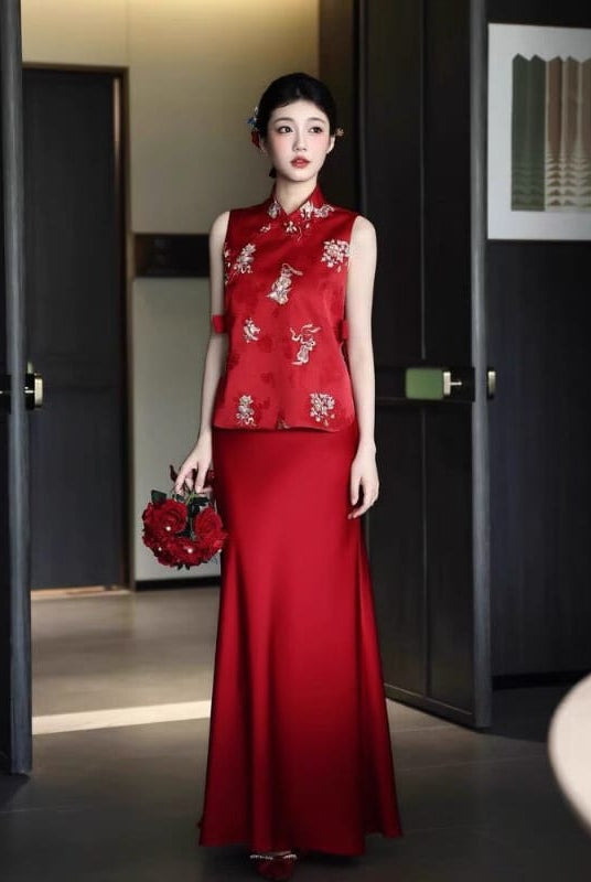 Beth and Brian Qipao-MY Chloe Red Satin 2-Piece Cheongsam Set, Embroidered Vest & Long Skirt