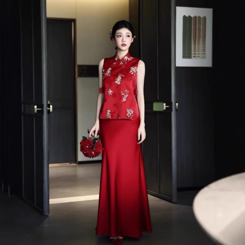 Beth and Brian Qipao-MY Chloe Red Satin 2-Piece Cheongsam Set, Embroidered Vest & Long Skirt