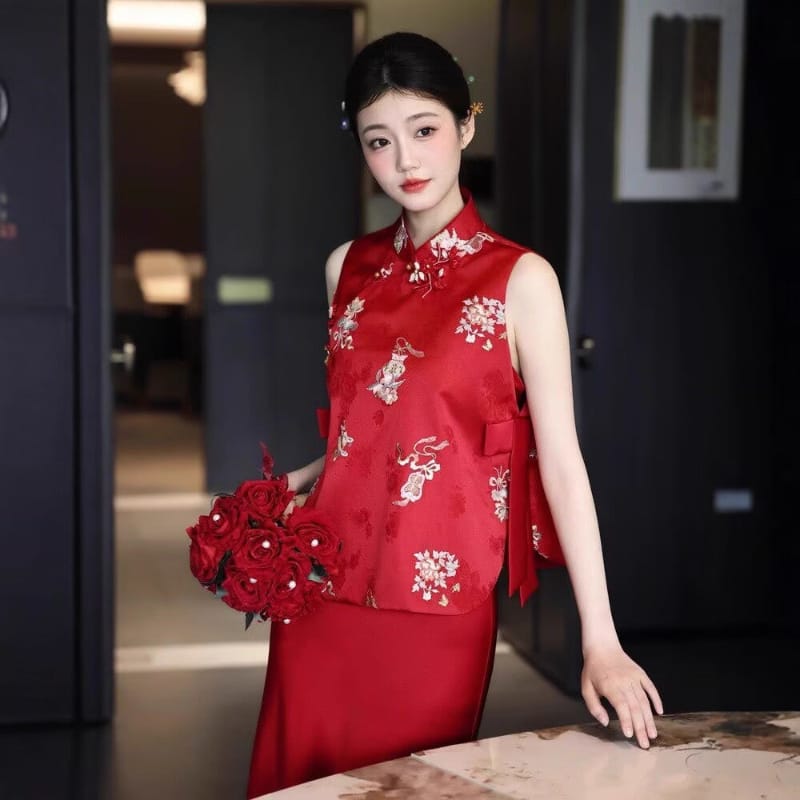 Beth and Brian Qipao-MY Chloe Red Satin 2-Piece Cheongsam Set, Embroidered Vest & Long Skirt