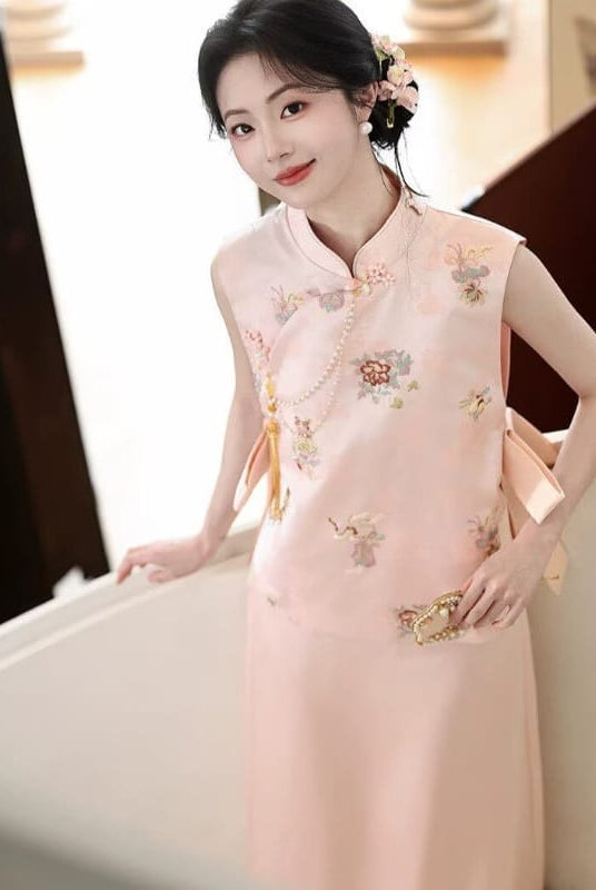Beth and Brian Qipao-MX Mia Pink Satin 2-Piece Cheongsam Set, Embroidered Vest & Long Skirt