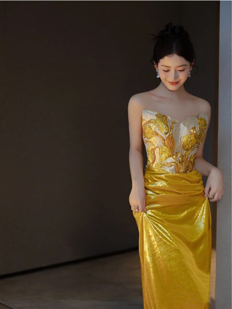 Beth and Brian Qipao-MY Luna Gold Strapless Sequins Mermaid Evening Gown