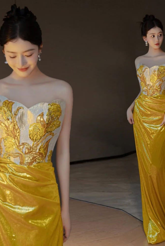 Beth and Brian Qipao-MY Luna Gold Strapless Sequins Mermaid Evening Gown
