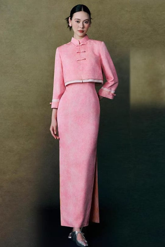 Beth and Brian Qipao-MY Hazel Pink Two Styles 2-Piece Cheongsam Set, Vest & Long Sleeve Jacket Options