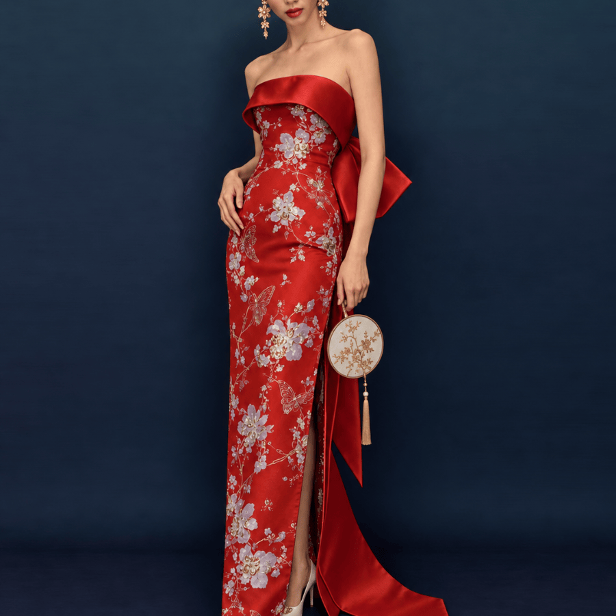 Beth and Brian Qipao-QHM 新中式 Tube Top Long Cheongsam| Modern Chinese Style Satin Qipao