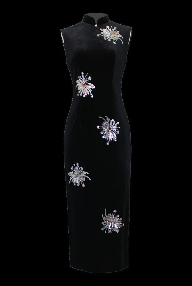 Beth and Brian Qipao-TX Clara Black Velvet Firework Embroidery Midi Cheongsam