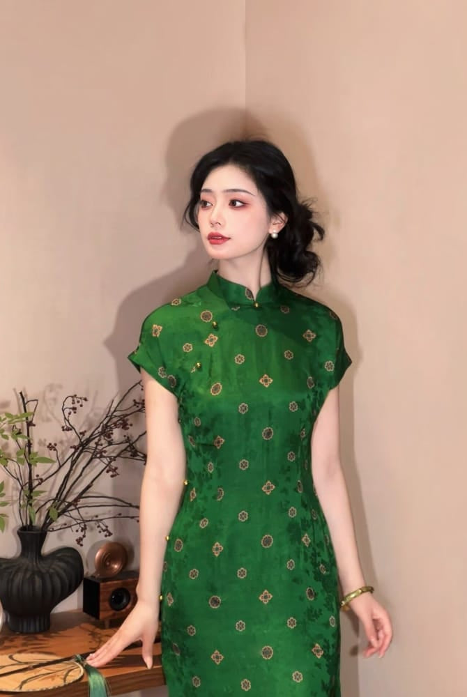 Beth and Brian Qipao-LSB Hazel Viscose Qipao, Green Geometric Pattern Cheongsam