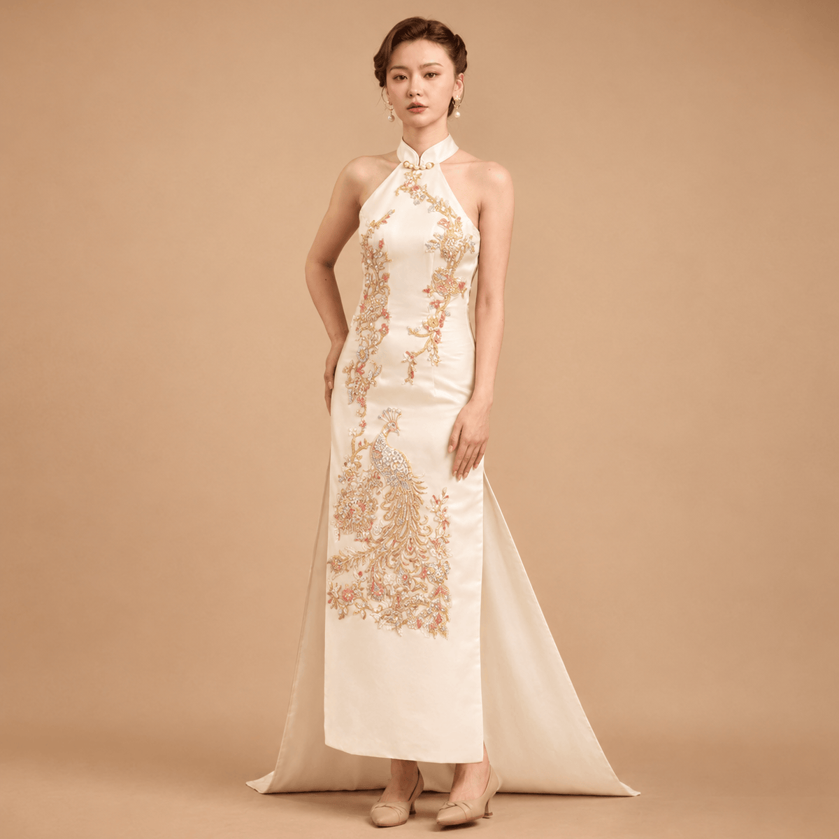 Beth and Brian Qipao - Exclusive Exclusive designer collection | Red Peacock Embroidery Halter Long Qipao – Train & No-Train Styles