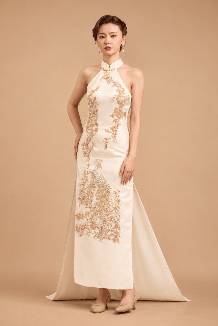 Beth and Brian Qipao - Exclusive Exclusive designer collection | Red Peacock Embroidery Halter Long Qipao – Train & No-Train Styles