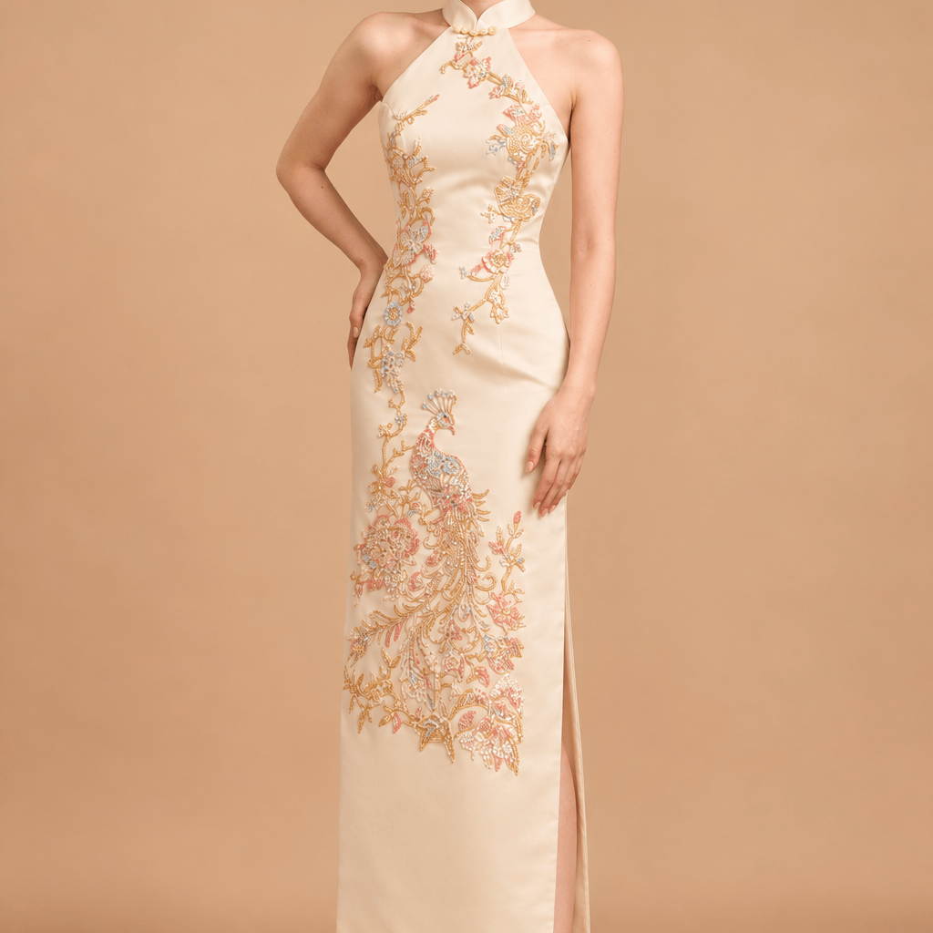 Beth and Brian Qipao - Exclusive Exclusive designer collection | Red Peacock Embroidery Halter Long Qipao – Train & No-Train Styles