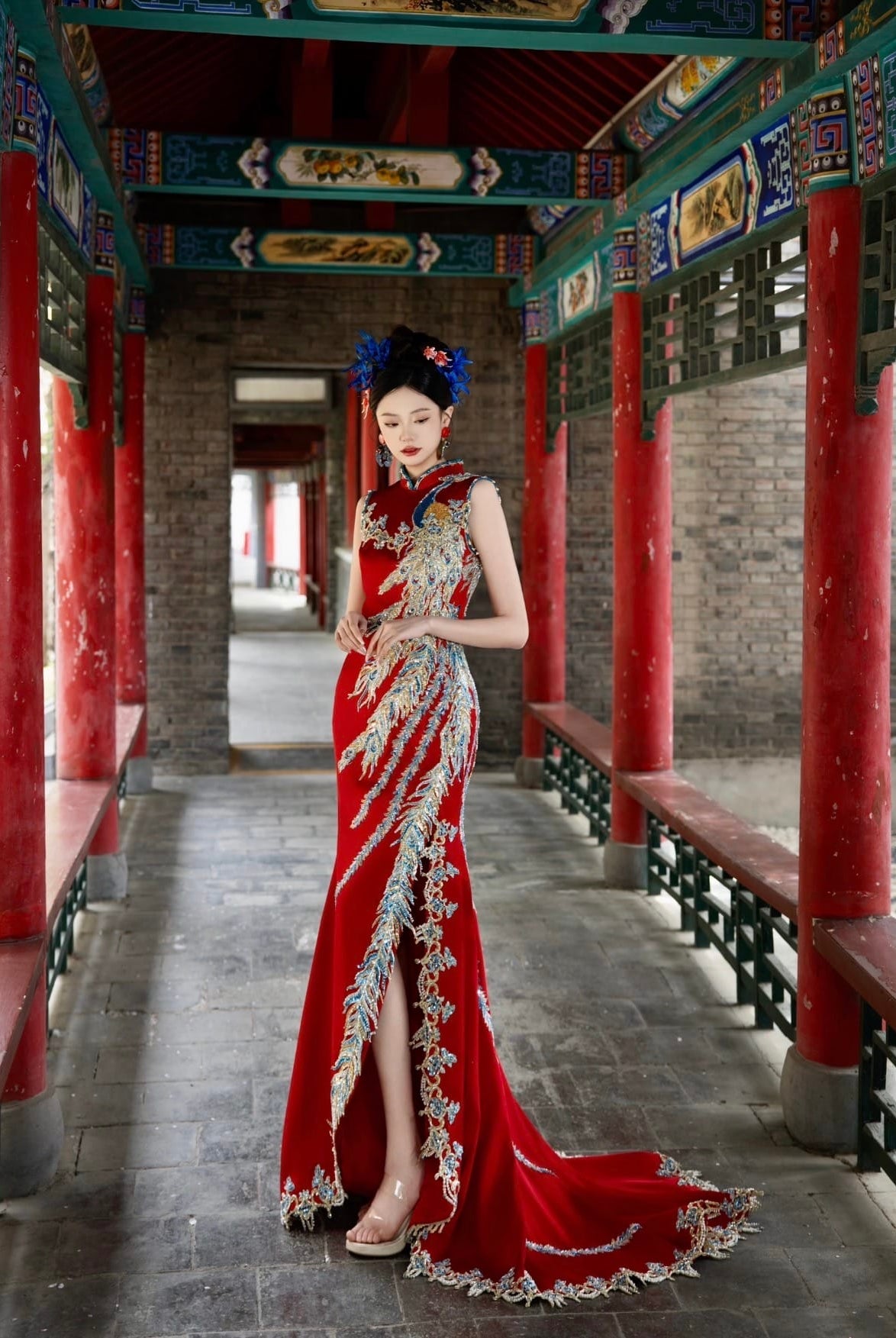 Beth and Brian Qipao- FXXZ Bespoke Red Peacock Hand-Embroidered Bridal Cheongsam Gown