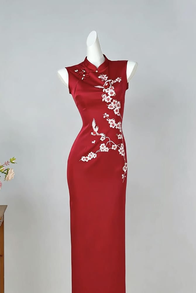 Beth and Brian Qipao-DYC Red Floral Bird Embroidery Satin Cheongsam