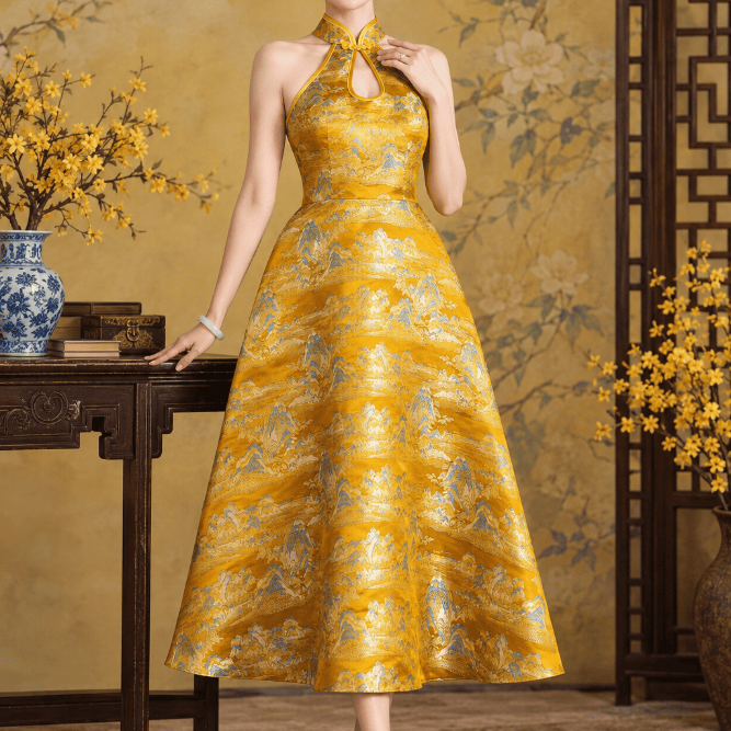 Beth and Brian Qipao-Exclusivedesigner Exclusive Designer Collection | Thousands of Miles of Mountains and Rivers Brocade Midi Qipao