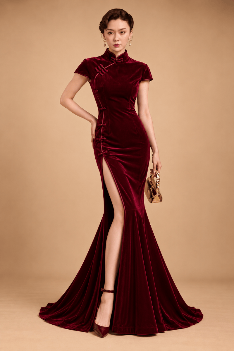 Beth and Brian Qipao - Exclusive Exclusive Designer Velvet Cheongsam – Black & Burgundy, Mini & Fishtail