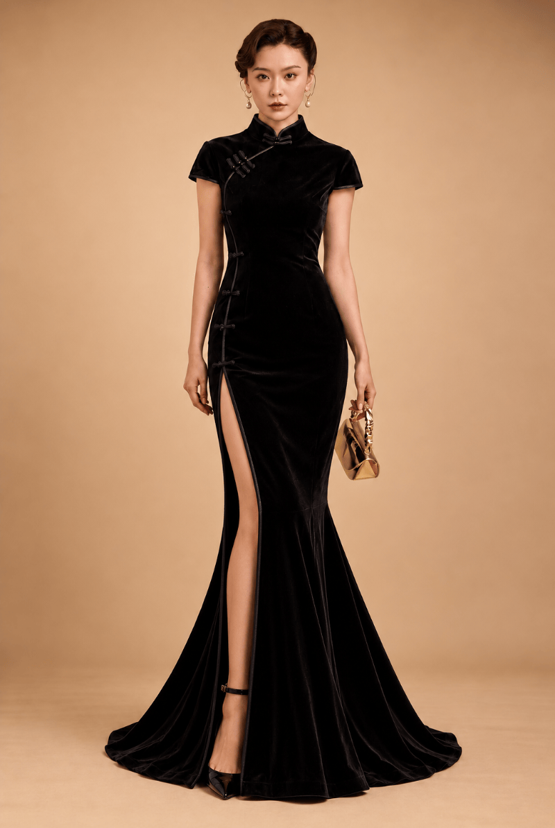 Beth and Brian Qipao - Exclusive Exclusive Designer Velvet Cheongsam – Black & Burgundy, Mini & Fishtail