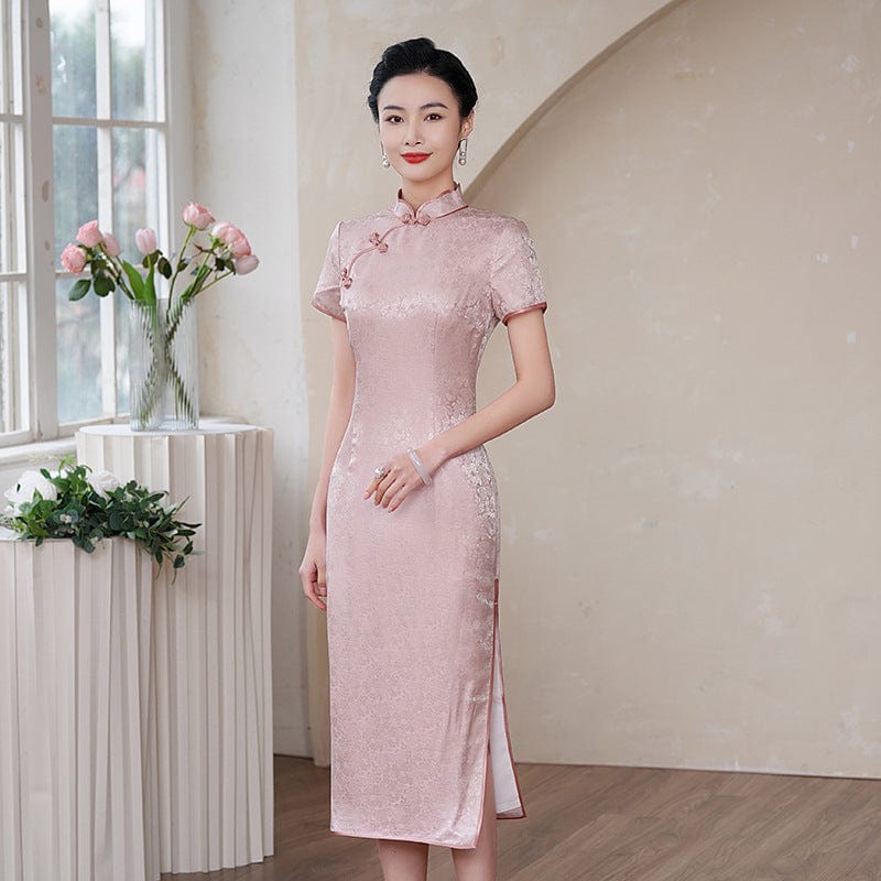 Beth and Brian Qipao- JYJR Floral print, 19 mome mulberry silk, high end midi Qipao