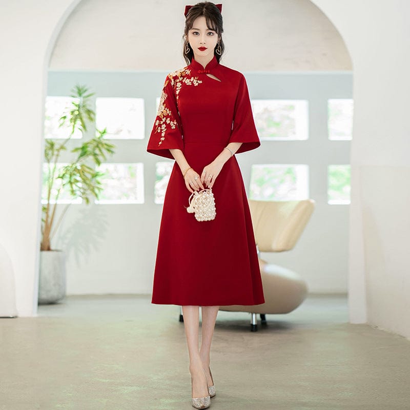 Beth and Brian Qipao-SW Floral embroidery, A line, burgundy plus size Qipao