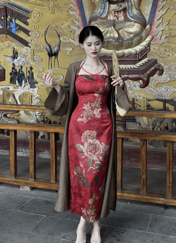Beth and Brian Qipao-SY New Chinese style ( 新中式 ), red midi Qipao