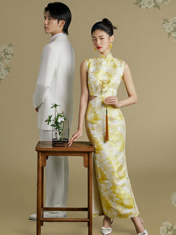 Beth and Brian Qipao-FT New Chinese style (新中式), jacquard yellow midi Qipao
