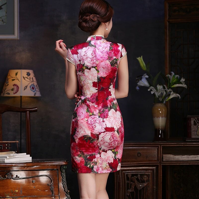 Beth and Brian Qipao-JC 19 mome mulberry silk, floral pattern, high-end short Qipao