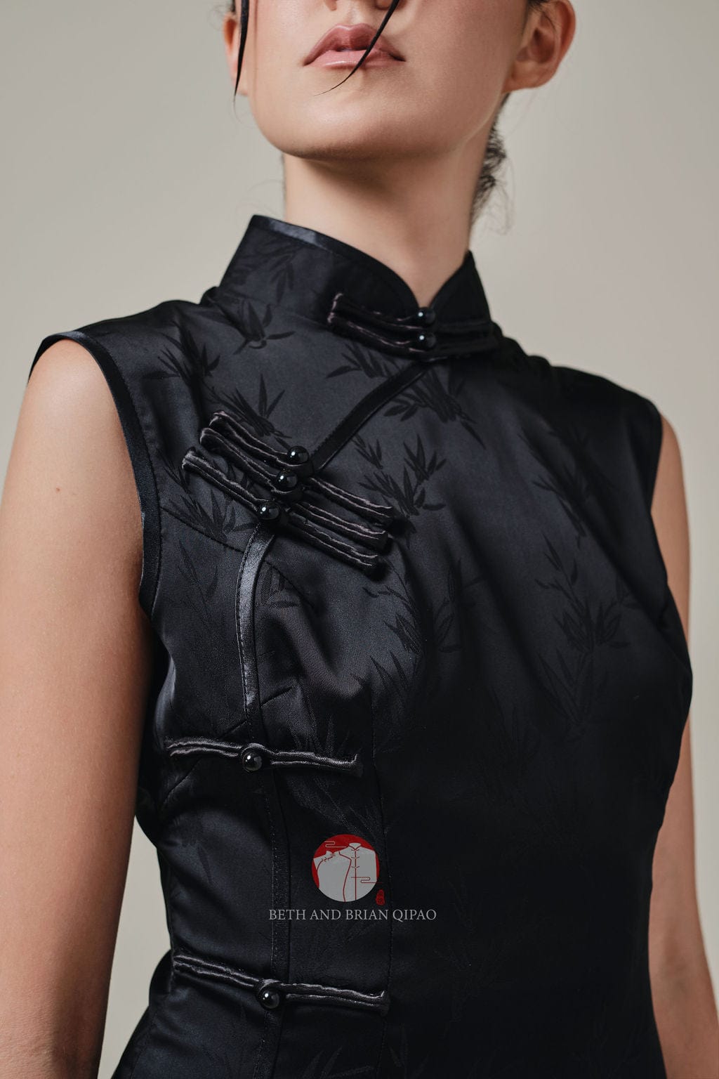 Beth and Brian Qipao-Exclusivedesigner Jacquad bamboo, satin short Qipao