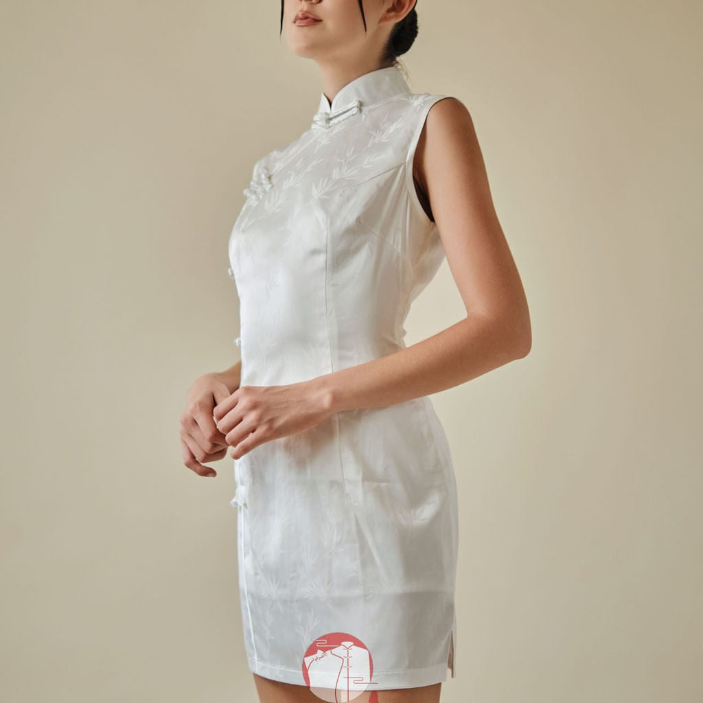Beth and Brian Qipao-Exclusivedesigner Jacquad bamboo, satin short Qipao