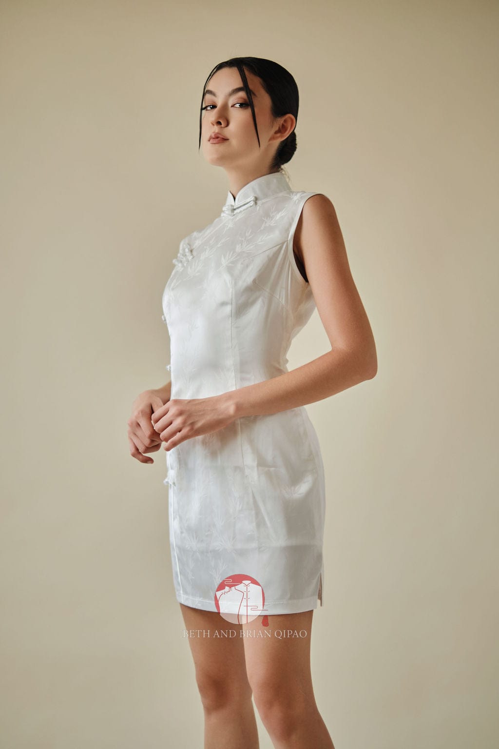 Beth and Brian Qipao-Exclusivedesigner Jacquad bamboo, satin short Qipao