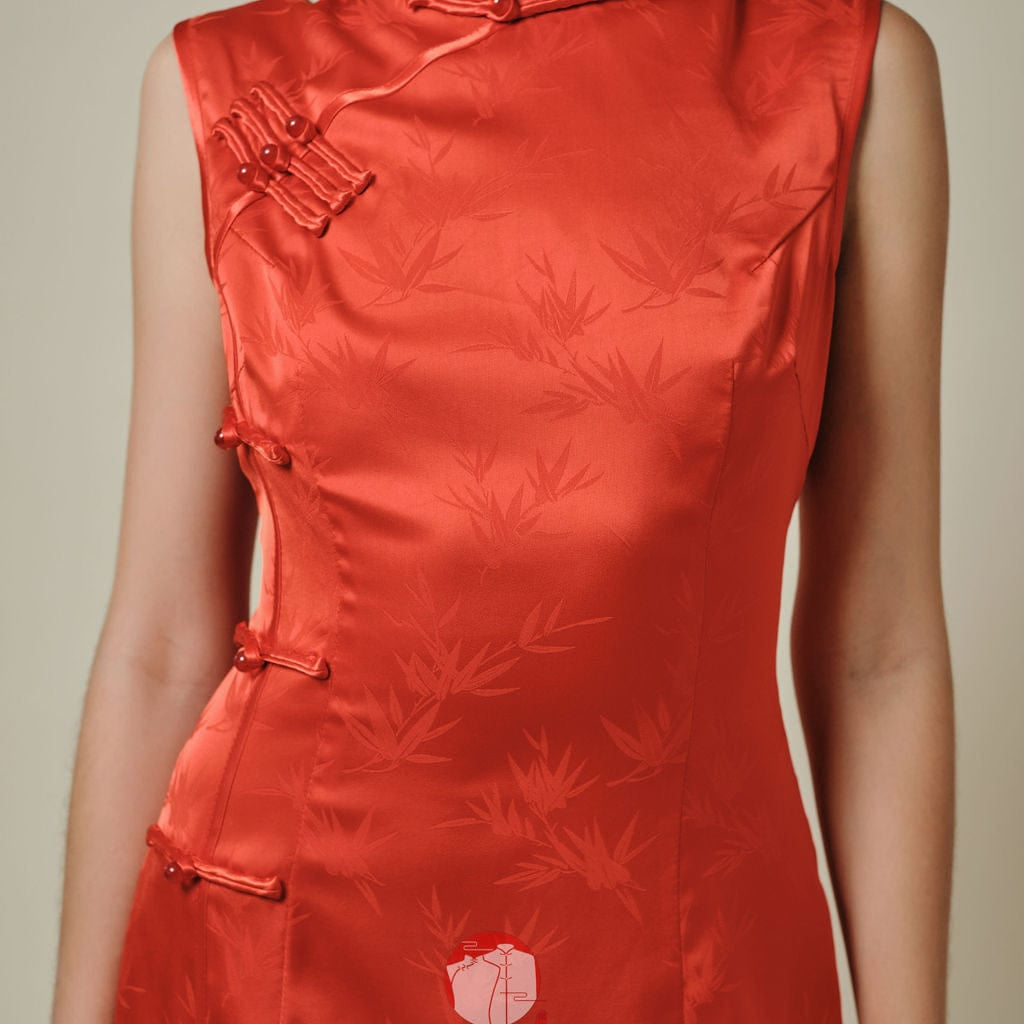 Beth and Brian Qipao-Exclusivedesigner Jacquad bamboo, satin short Qipao