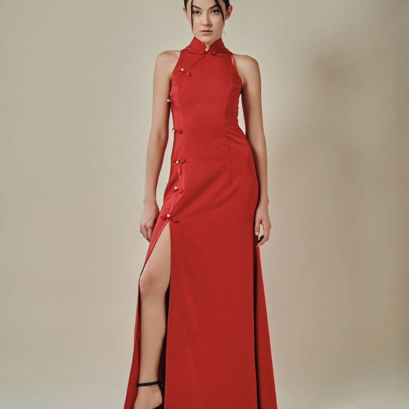 Beth and Brian Qipao-Exclusivedesigner Exclusive designer collection, sleeveless satin floor length Qipao